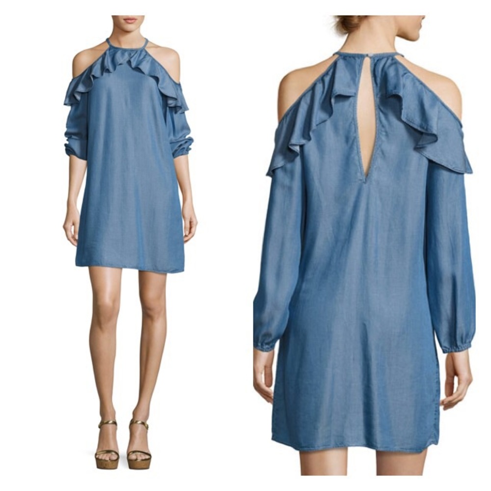 NWT MICHAEL Michael Kors Cold Shoulder Long Sleeve Blue Chambray Dress, XS